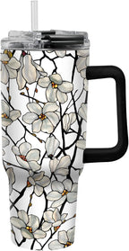 RainCaper 18/8 Stainless Steel Insulated Water Tumbler with Straw | 30oz, BPA-Free, Double Wall for Hot & Cold | Travel-Friendly, Cup Holder Ready (Tiffany Magnolia)
