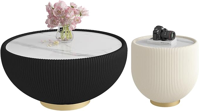 Round Marble Coffee Table Set of 2, 2 Piece Coffee Table and End Table by Henf