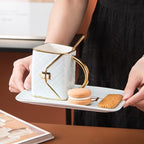 YnsfreeCeramic Purse Coffee Mugs Set Tea Cup Unique Bag shaped mug and Saucer Set with Spoon and Saucer For Women Thanksgiving Christmas Gifts (Black)