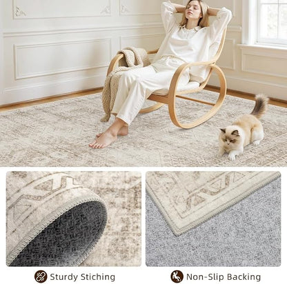 10x14 Area Rugs Living Room: Bedroom Neutral Washable Carpet Brown | Vintage - Image 4