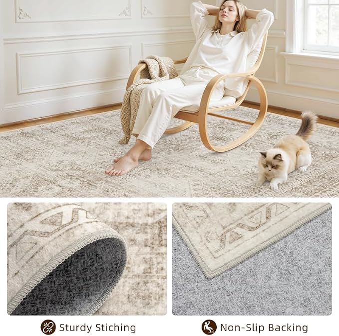 6x9 Area Rugs Living Room: Bedroom Neutral Washable Carpet Brown | Vintage Boho - Image 4