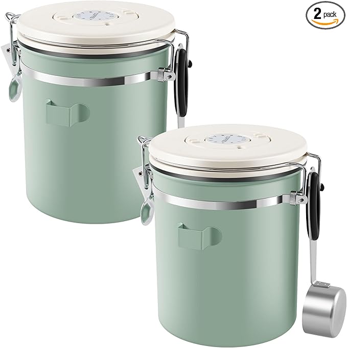 2Pcs Coffee Storage Canister 1.5L Double Airtight Coffee Beans Container with Date Locator 304 Stainless Steel Kitchen Food Storage Container with Spoon for Coffee Beans Grounds Tea,Green Sugar,Green