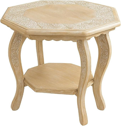 Hand Carved Wooden Octagon Coffee Table, Rustic Foldable Side Table Nightstand - Image 3