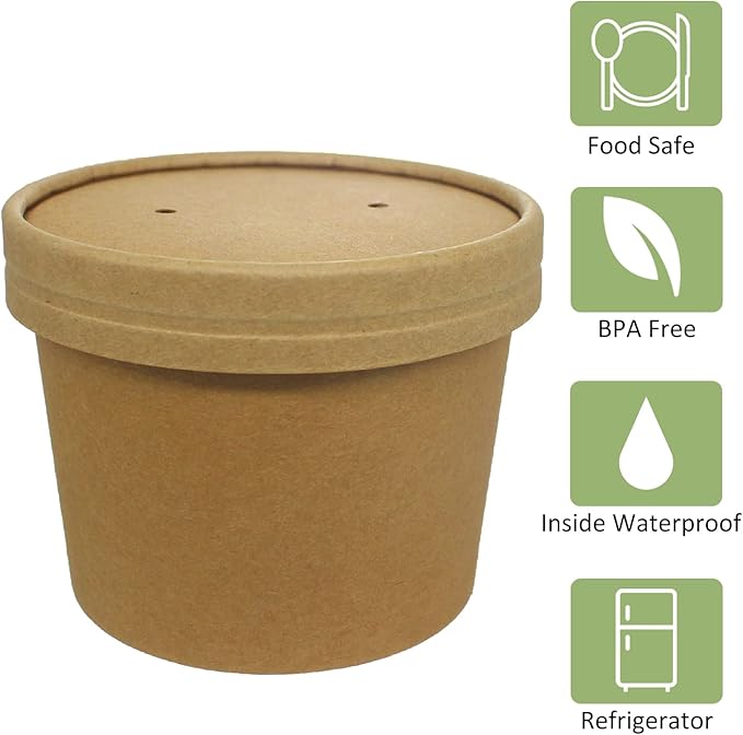 Paper Ice Cream Cups with Paper Lids, Hot/Cold Soup Cups with Lids (Kraft) (50, 12 oz)