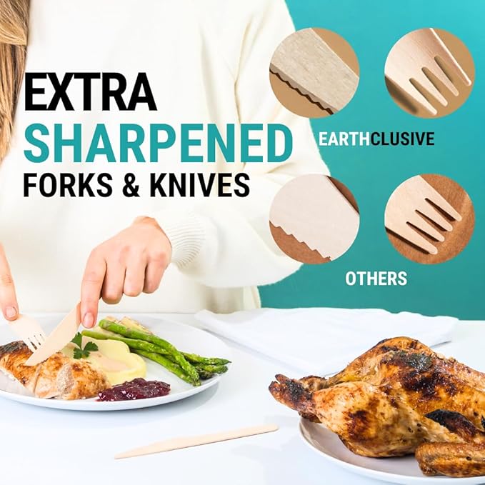 300pcs Disposable Wooden Cutlery Set (150 Forks, 100 Spoons, 50 Knives) Our Heavy Duty Compostable Wood Utensils is FSC Certified Protecting Forests. Zero Plastic Cutlery For Any Occasion