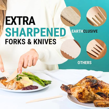 300pcs Disposable Wooden Cutlery Set (150 Forks, 100 Spoons, 50 Knives) Our Heavy Duty Compostable Wood Utensils is FSC Certified Protecting Forests. Zero Plastic Cutlery For Any Occasion