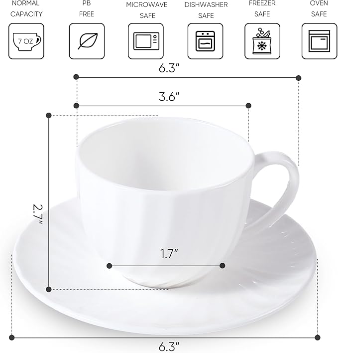 Fine Bone China Cappuccino Mugs Set of 2, 7 Oz Spiral Pattern Lightweight Ceramic, Art Coffee Cups with Saucers, for Latte, Mocha, Tea, Espresso, Macchiato, Americano