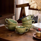 Set of 6 Vintage Design 12 oz Professional Barista Ceramic Latte Art Cappuccino Cups Set (Wave Green)