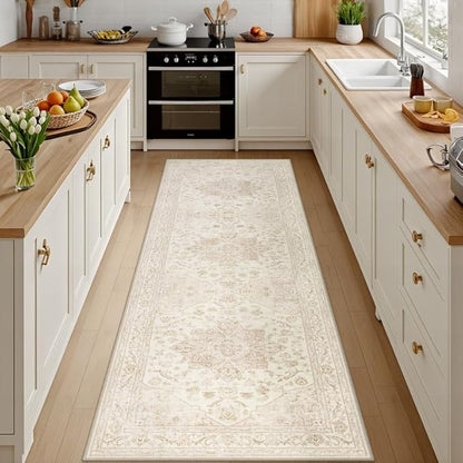 2'6''x8' Hallway Washable Runner Rug: Kitchen Carpet Beige White | Vintage Boho by Luxturiy