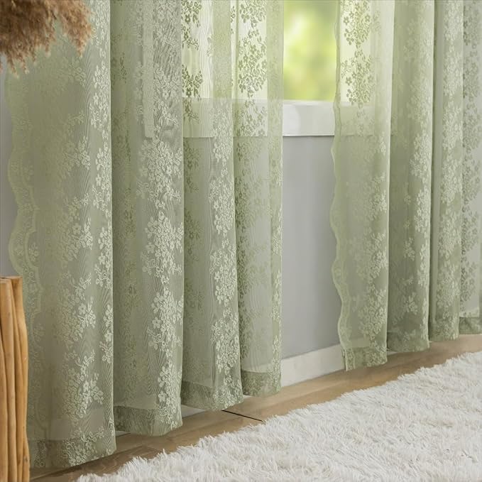 YJ YANJUN Vintage Lace Curtains 63 Inch Length-Elegant Floral Sage Green Sheer - Image 5