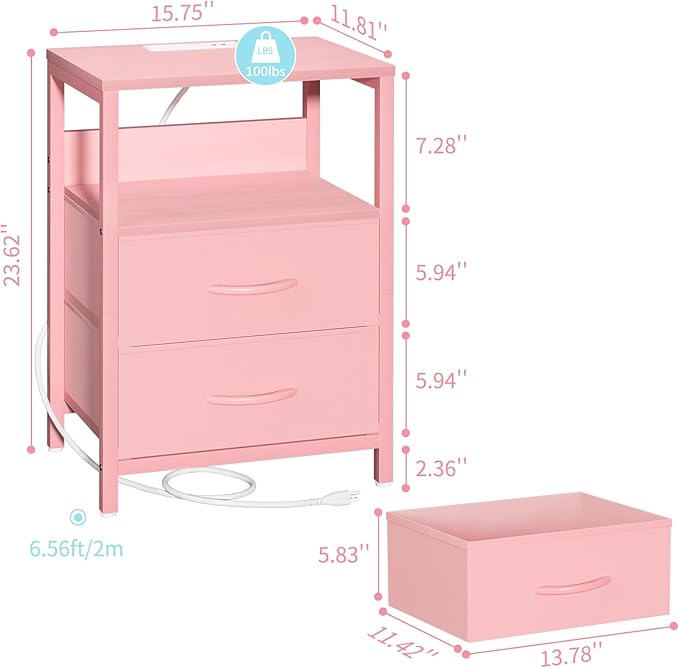 Yoobure Nightstand with Charging Station, LED Night Stand with Fabric Drawers - Image 3
