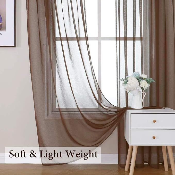 MIULEE Chocolate Brown Linen Textured Semi-Sheer Curtains 54W×96L 2 Panels | - Image 6