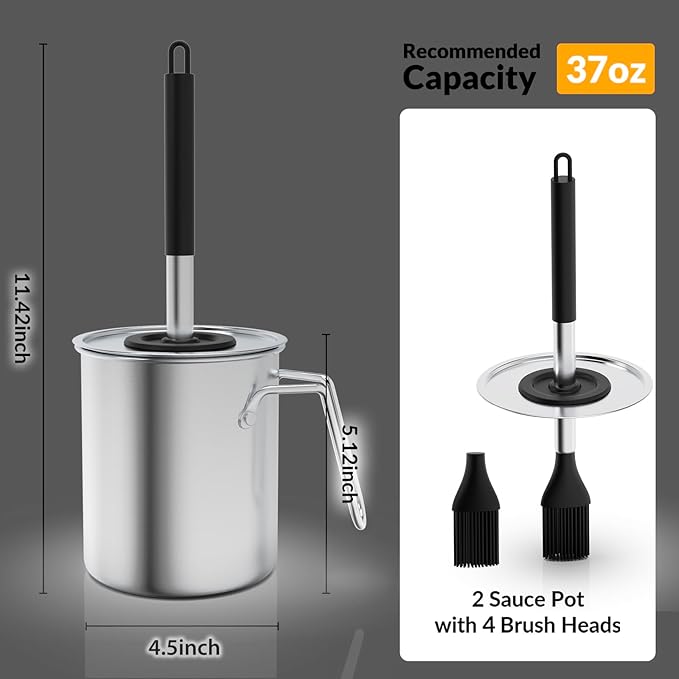 Geesta Adjustable Sauce Pot and Basting Brush Set, Long Stainless Steel Basting Brush for Cooking, Smoking, Fathers Day Grilling Gifts for Men Smoker Accessories, Large Capacity Grilling Tools, 2 Pack