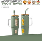Kodrine Glass Tumbler with Straw and Lid-32oz Glass Tumbler with Handle and Bamboo Lid, Iced Coffee Cup For Smoothie, Water Cups with Time Marker Fits in Cup Holder, Olive