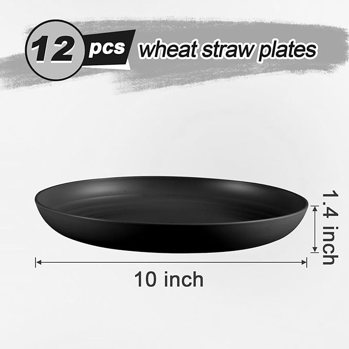 12 Pcs Unbreakable Deep Dinner Plates Set, 10 inch Reusable Plastic Wheat Straw Plates, Microwave and Dishwasher Safe Plate for Kitchen, Lightweight Plate for Dessert, BPA Free, Black