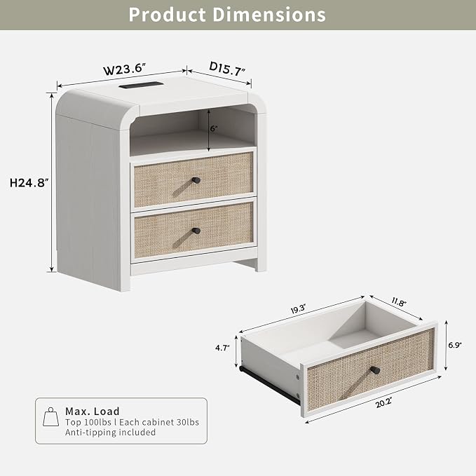 Oak&Sparrow Rattan Nightstand Set of 2, 23.6'' Rattan End Table - Image 2
