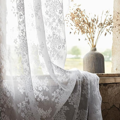 YJ YANJUN Vintage Lace Curtains Chic Floral White Short Sheer Bathroom Curtains - Image 4