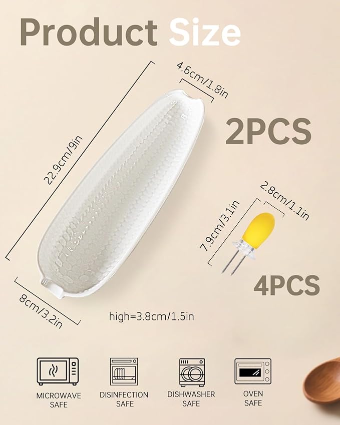 Ceramic Corn Cob Holders, 9" Corn on the Cob Dishes Set of 2, White Corn Cob Dishes with Non-Slip Bottom, With 4 Corn Cob Holders, Microwave Dishwasher Oven Safe