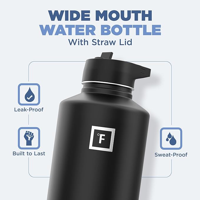 IRON °FLASK Camping & Hiking Hydration Flask with 3 Lids - Stainless Steel, Double Walled & Vacuum Insulated Water Bottle - Leak Proof & BPA Free (Blue Waves, Straw - 64 oz)