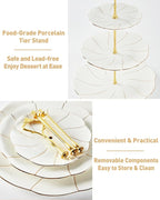 DUJUST Luxury Porcelain 3-Tier Cupcake Stand Tower, British Style Serving Tray with Golden Trim, Food Grade Dessert Display Stand, Beautiful Gift for Tea Party & Home Décor