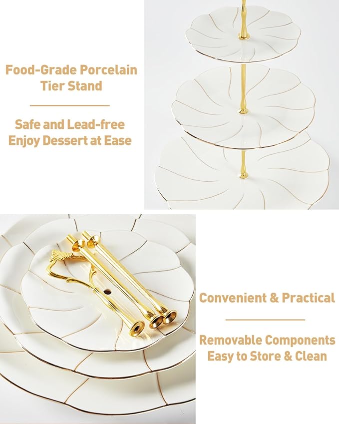 DUJUST Luxury Porcelain 3-Tier Cupcake Stand Tower, British Style Serving Tray with Golden Trim, Food Grade Dessert Display Stand, Beautiful Gift for Tea Party & Home Décor