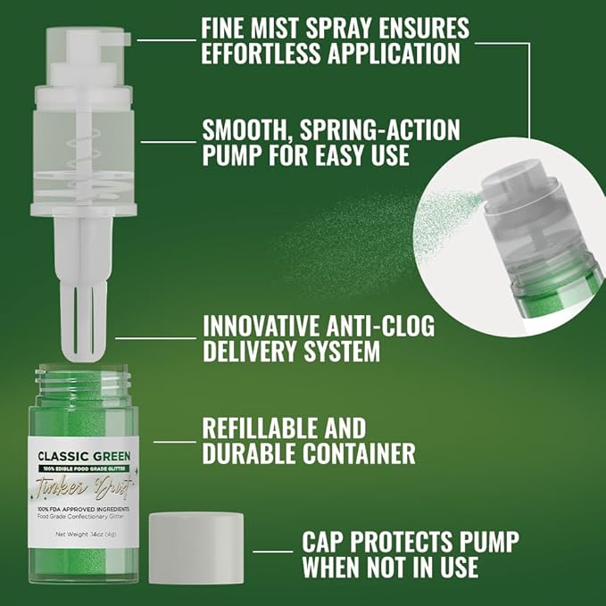 Bakell - Classic Green Tinker Dust (4g, 1x Mini Spray Pump) Edible Glitter for Food, Desserts, and Beverages!
