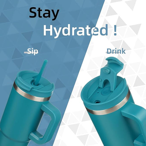 40 oz Tumbler with Handle and 2 Straws,2 in 1 Lid Insulated Water Bottle Stainless Steel Travel Coffee Mug,Blue