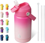BJPKPK Insulated Water Bottle with Straw Lid, 12oz Thermos Water Bottles with Soft Nozzle, Flex Handle & Non-slip Boot, BPA Free Leak Proof Stainless Steel Metal Thermos, Tumblers, Cups,Cherry