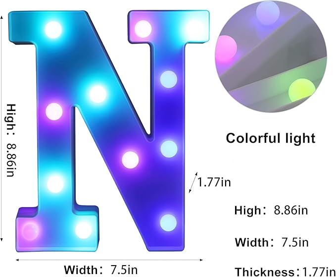 Foaky Colorful LED Letter Lights with Remote,Marquee Light Up Letters Sign for Night Light Wedding/Birthday Party Battery Powered Christmas Lamp Home Bar Decoration(N)