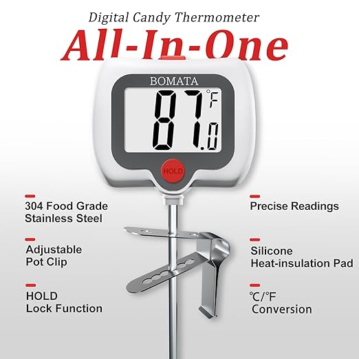 BOMATA Candy Thermometer with Pot Clip, Instant Read Cooking Thermometer with 8" Long Probe, Rotating Display, for Candy Making, Food, Candle Making, Liquids, Water, Baking, Sugar, Grilling. White