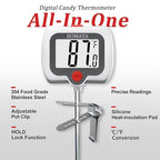 BOMATA Candy Thermometer with Pot Clip, Instant Read Cooking Thermometer with 8" Long Probe, Rotating Display, for Candy Making, Food, Candle Making, Liquids, Water, Baking, Sugar, Grilling. White