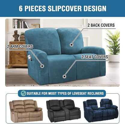 H.VERSAILTEX Velvet Stretch Recliner Couch Covers 6-Pieces Recliner Loveseat - Image 2