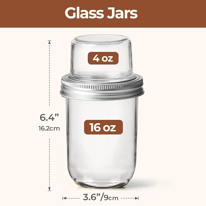 ComSaf Overnight Oats Containers with Lids (16OZ+4OZ, 2PCS) On-The-Go Dual-Laryer Yogurt Parfait Cups with Dry and Wet Separation Mason Jars for Chia Pudding Cereal Nut Fruit Meal Prep Salad