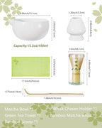ZENS Matcha Whisk Set, 15oz Ceramic Matcha Bowl with Spout and Bamboo Whisk, Whisk Holder (Chasen), Scoop & Tea Towel, 5pcs Matcha Tea Kit Gift for Matcha Lovers, White