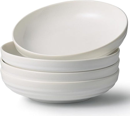 HAPPY KIT Stoneware 9'' Pasta Bowls, 42 Oz Large Salad Bowls Set of 4, Serving Bowls Perfect for Dessert, Soup, Fruit, Noodle, Granite White
