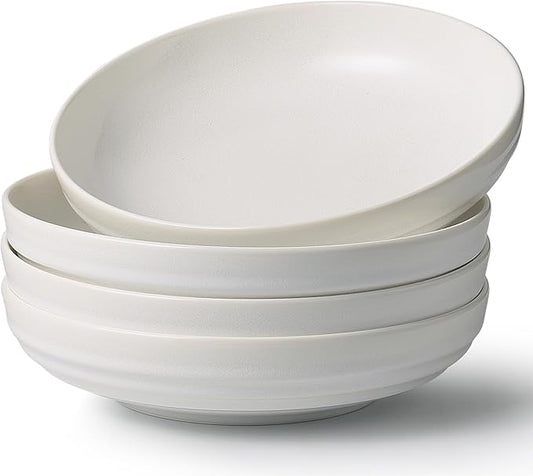 HAPPY KIT Stoneware 9'' Pasta Bowls, 42 Oz Large Salad Bowls Set of 4, Serving Bowls Perfect for Dessert, Soup, Fruit, Noodle, Granite White