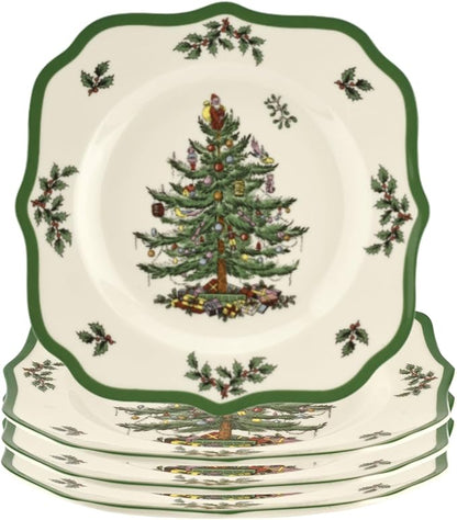 Spode Christmas Tree Scalloped Salad Plates (Set of 4) - Holiday-Themed Stoneware Appetizer Plate - 9 Inch Christmas Dinner Dish - Colorful Gifts & Mistletoe Accents - Dishwasher & Microwave Safe