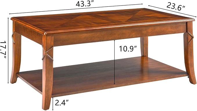 Solid Wood Coffee Table with Storage Shelf, Mid Century Modern Rectangle Coffee - Image 2