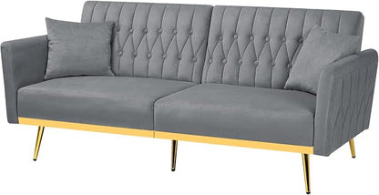 70” Velvet Futon Sofa Bed with 2 Pillows and Adjustable Armrests, Convertible - Image 8