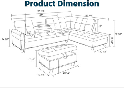97.5" Yellow Couch L Shaped Couch Set, Modular Sectional Couches - Image 2