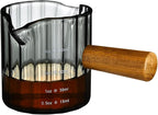 Glass Measuring Cup, 3oz Espresso Shot Glass with Wood Handle, Double Spouts Measuring Cups Pitcher Milk Cup Coffee Shot Glasses (Gray Ribbed)