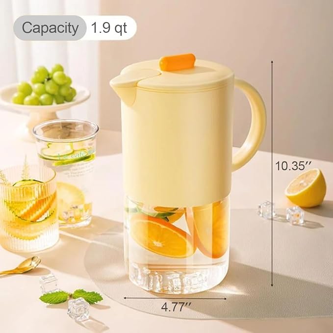 Delove Borosilicate Glass Pitcher with Lid & Auto Spout – Shatterproof Plastic Shell, Wide Mouth Design – 62 oz (1.9 Quart) Jug for Boiling Water, Iced Tea, Juice & Cold Brew Coffee (2, Yellow)