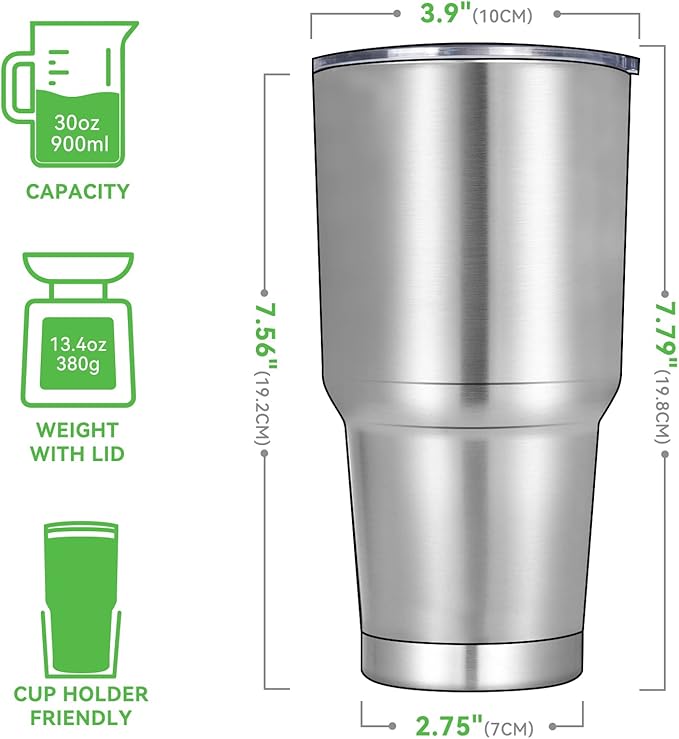 DOMICARE 30 oz Tumbler with Lid and Straw, Stainless Steel Tumblers Bulk, Insulated Vacuum Double Wall Travel Coffee Mug, Durable Powder Coated Tumbler Cups (Stainless Steel, 4)
