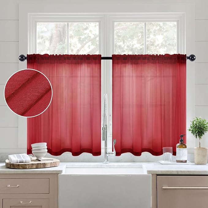 MIULEE Semi Sheer Kitchen Curtains 36 inch Length 2 Panels Half Window Curtains - Image 2
