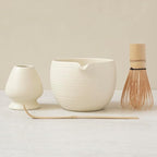 WENSHUO Matcha Whisk Set, Ceramic Matcha Bowl & Whisk Holder, Bamboo Accessory, Modern Design (Matte Crème, Pouring Spout)