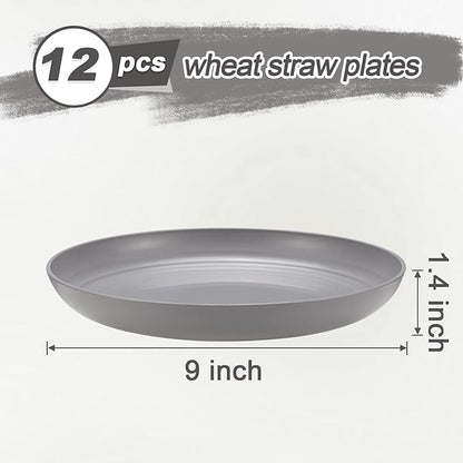 12 Pcs Unbreakable Deep Dinner Plates Set, 9 inch Reusable Plastic Wheat Straw Plates, Microwave and Dishwasher Safe Plate for Kitchen, Lightweight Plate for Dessert, BPA Free, Light Gray