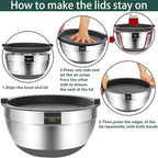 Umite Chef Mixing Bowls with Airtight Lids，6 piece Stainless Steel Metal Nesting Storage Bowls, Non-Slip Bottoms Size 7, 3.5, 2.5, 2.0,1.5, 1QT, Great for Mixing & Serving(Grey)