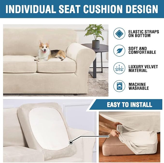 H.VERSAILTEX Modern Velvet Plush 4 Piece High Stretch Sofa Slipcover Furniture - Image 7