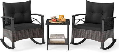 Tangkula 3 Piece Rattan Rocking Chair Set, Patio Rocker Bistro Set by TANGKULA