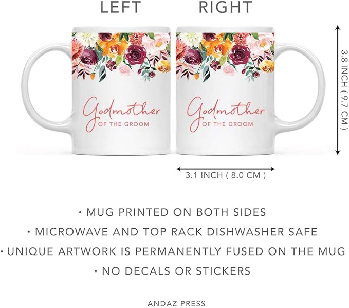 Andaz Press 11oz. Wedding Ceramic Coffee Tea Mug Gift, Fall Autumn Burgundy Orange Peach Flowers Roses Florals, Godmother of the Groom, 1-Pack, Includes Gift Box